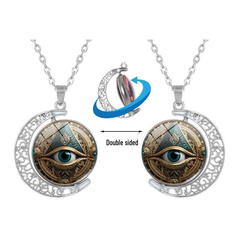 Ancient Egyptian Eye of Horus Rotating Moon Pendant Necklace - Women's Fashion Retro Sweater Chain Jewelry