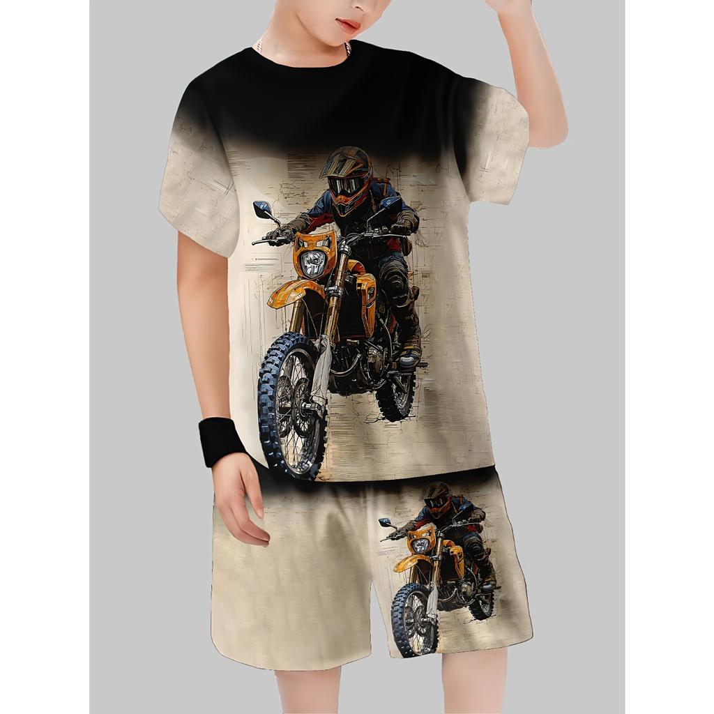 Boys' Cool Off-Road Motorcycle 3D Print T-Shirt and Shorts Set, Casual Fashion