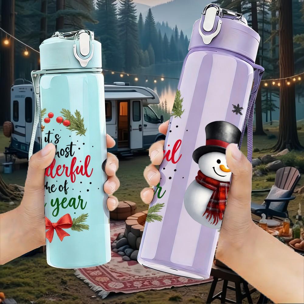 1PC Christmas Snowman Winter Pattern 750ml Color Plastic Sports Water Bottle Leakproof Flip Straw Lid Suitable for Sports Office Home Use