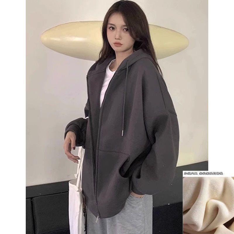 Women's Red Hooded Zip-Up Cardigan - New Year Battle Robe Style, Plus Velvet, Petite Loose Fit for Spring & Autumn