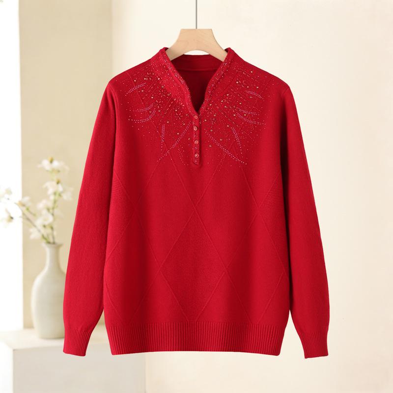 2026 Stylish Knit Qipao Collar Top for Middle-Aged and Elderly Women - Fashionable Autumn/Winter Sweater
