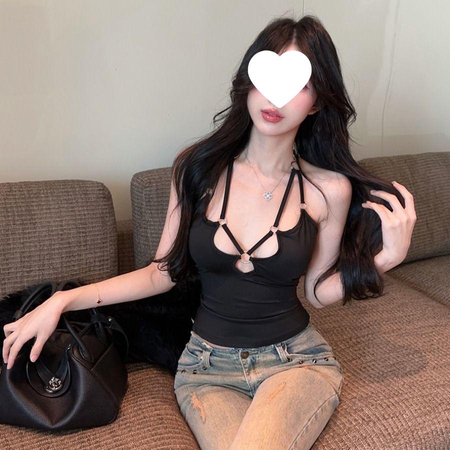 Plus Size Sexy Halter Top: Lace-Up & Ring Buckle Design, Hollow Out Slim Fit Camisole for Women