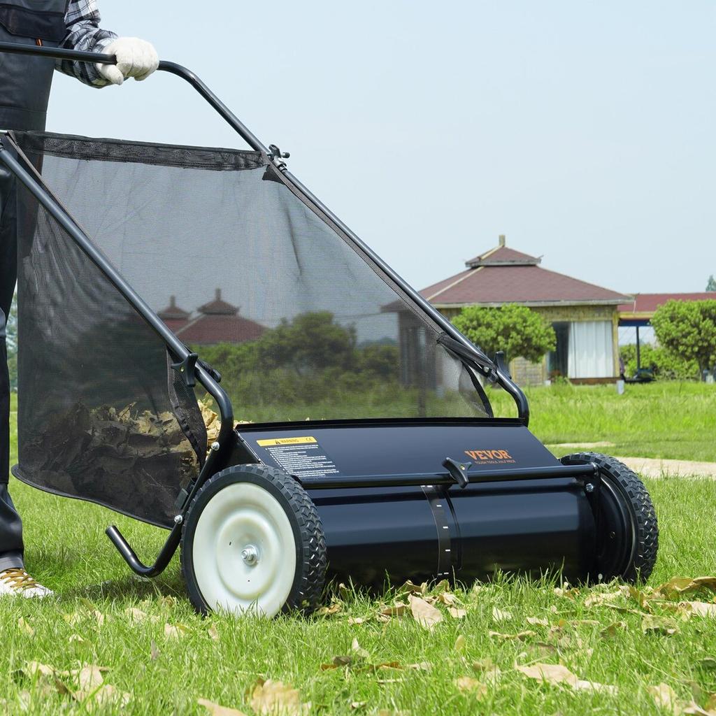 Push Lawn Sweeper, 26-inch Leaf & Grass Collector, Strong Rubber Wheels & Heavy Duty Thickened Steel, Durable to Use with Large Capacity 7 cu. ft.