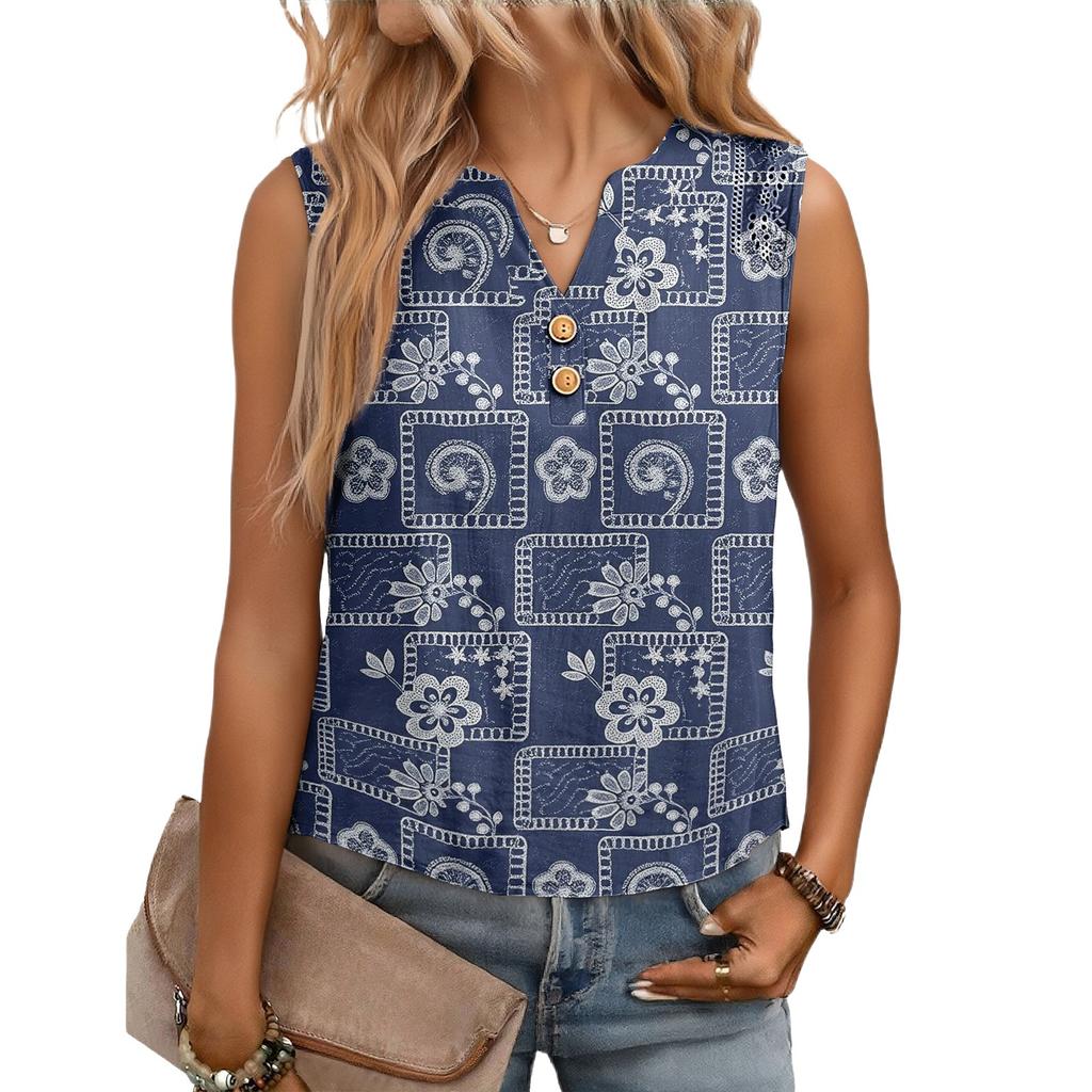 Women's Casual, Loose-Fitting, Printed, Sleeveless Linen Blouse