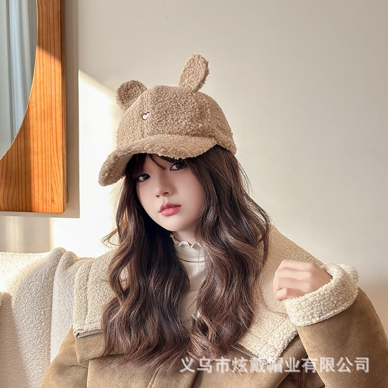 Hat Female Autumn Winter Hairy Thickened Warm Cap Rabbit Ears Cute Versatile Embroidered Baseball Cap One size fits all хаки