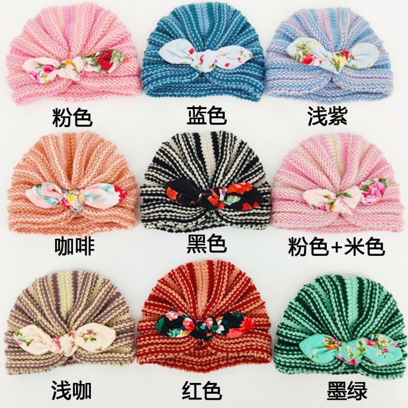 New striped wool hat printed rabbit ears baby children's thermal insulation versatile thermal insulation