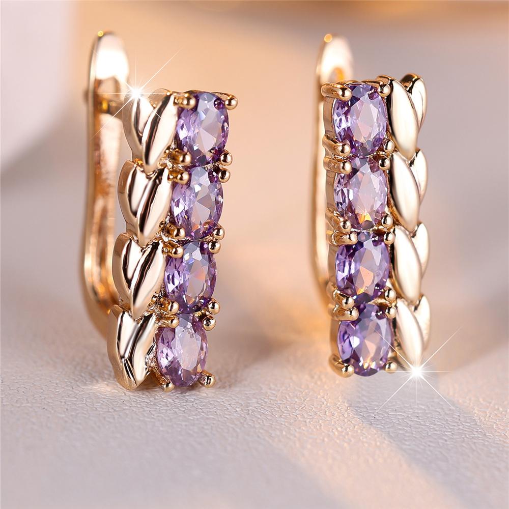 Charm Female Purple Crystal Zircon Stone Wheat Hoop Earrings Gold Color Simple Wedding Jewelry For Women