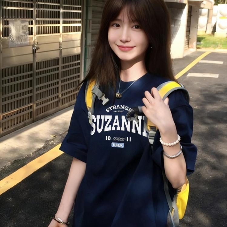 Summer New Navy Blue Round Neck Cotton Short-sleeved T-shirt Women's Clothing American Trendy Brand Letter Design Casual Loose Top