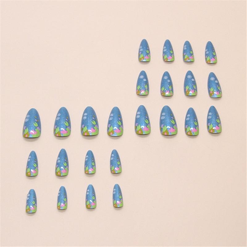 Christmas Nail Medium Almond Press On Nail 3D Blue Color Designs Glossy False Nail Full Cover for Women and Girls 24Pcs