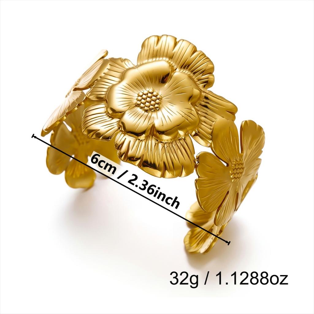 Stainless Steel Textured Feather Round Beads Wrapped Flower Open Cuff Bracelet For Women Men Dainty Vintage Plant Bangle Jewelry