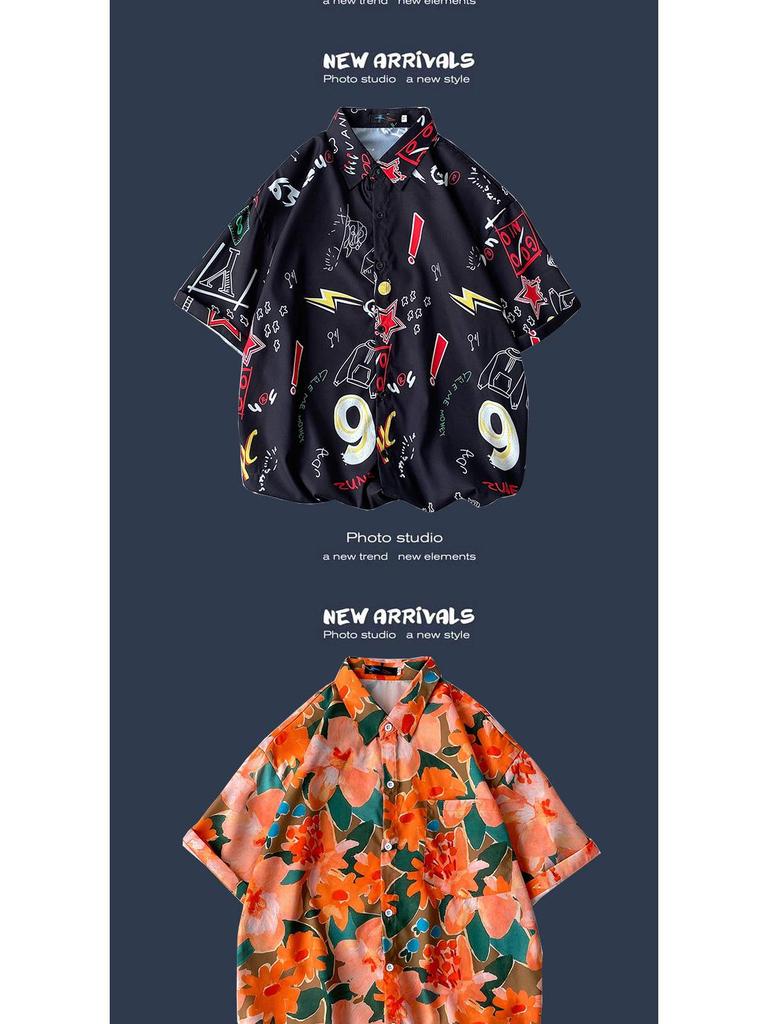 Letnia Koreańska Retro Kwiatowa Para Luźna Koszula z Krótkim Rękawem - Męski Modny Styl