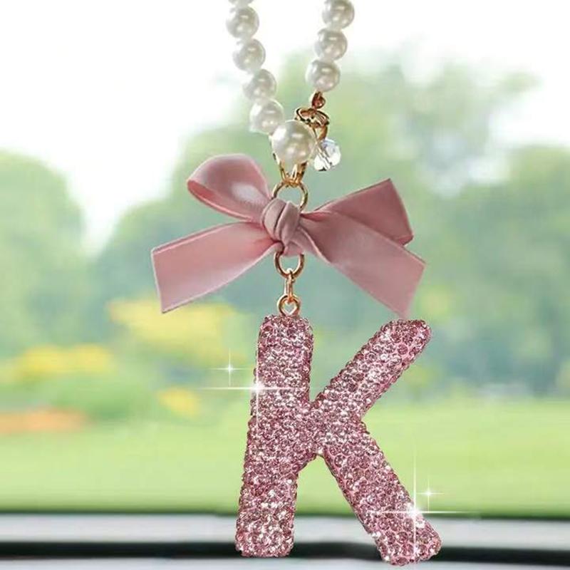 Creative Diamond Fashionable Bow Letter Car Pendant Car Rearview Mirror Decoration Exquisite English Pendant Decoration