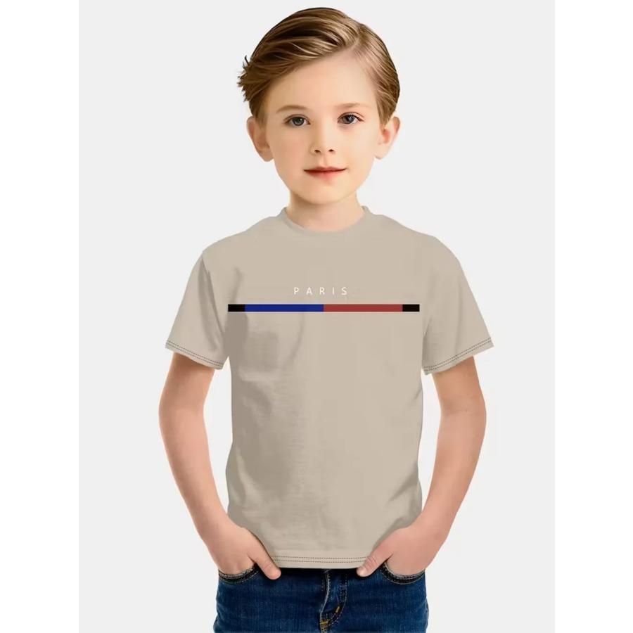 Boys' T-Shirt Simple Paris Letter Print Summer Short Sleeve Tees Loose Fashion Round Neck Tops Stripe Streetwear Kids Clothing