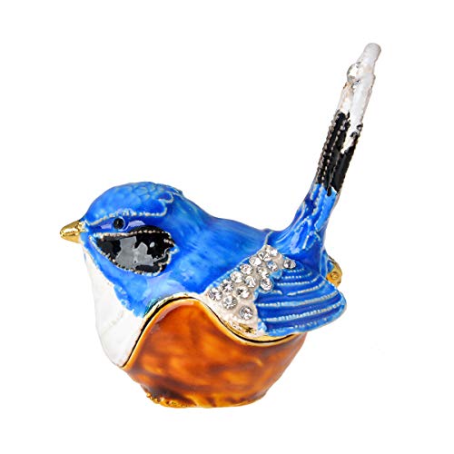 FJ FENGZHIJIE Bluebird Trinket Box, Golden Crystal Enamel Hand-Painted Hinged Bird Jewelry Box, Elegant Home Decor & Unique Gift for Bird Lovers