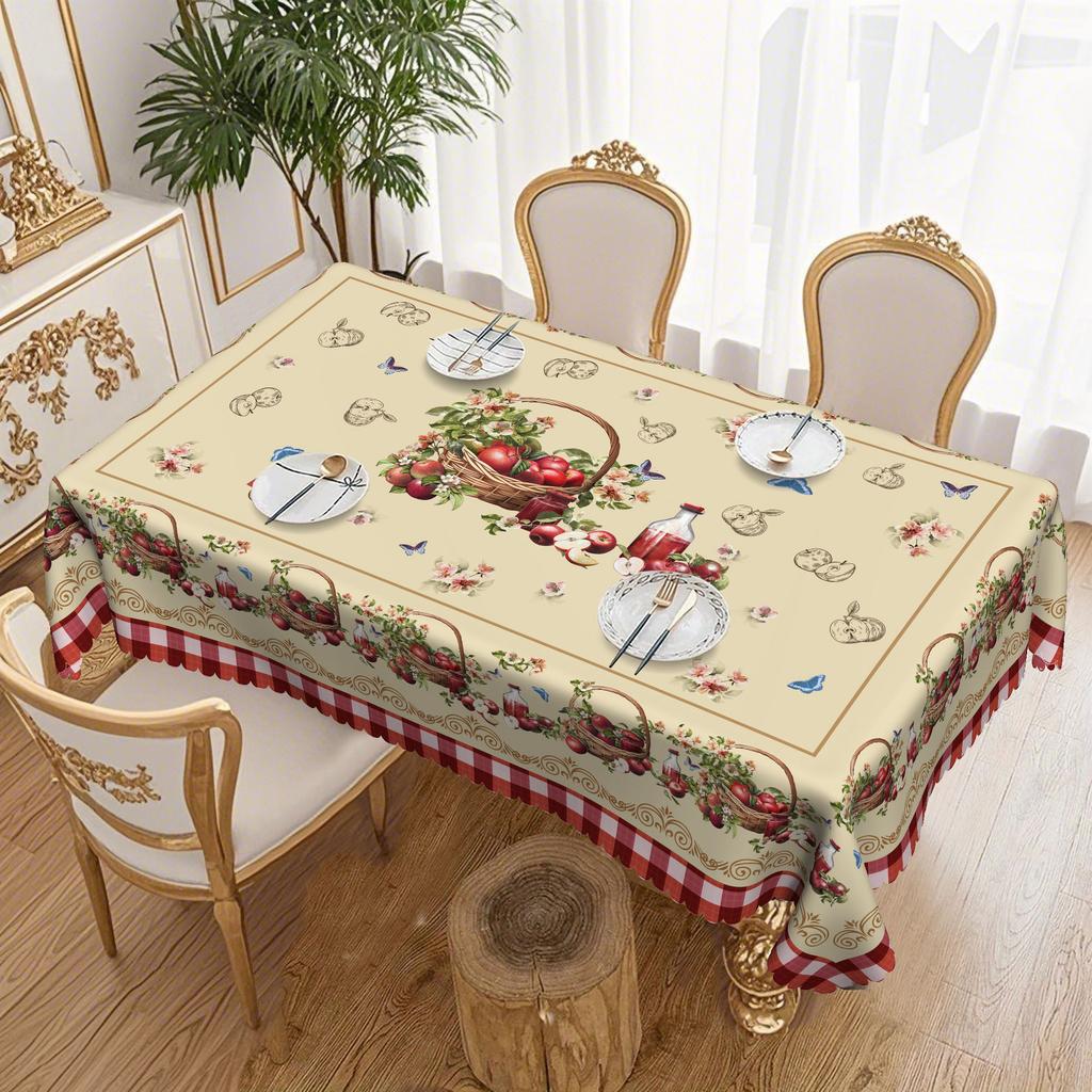 Vintage Farmhouse Apple Tablecloth, Red Cow Check And Rustic Design, Durable Polyester Round Rectangular Tablecloth