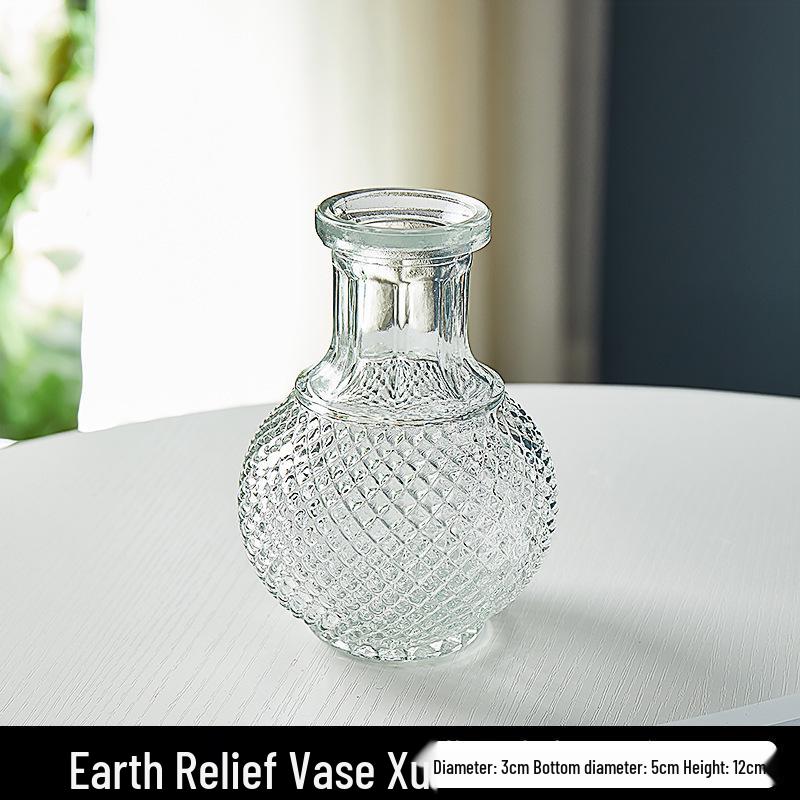 European Light Luxury Relief Glass Vase for Living Room Floral Arrangements - Transparent Hydroponic Ornament