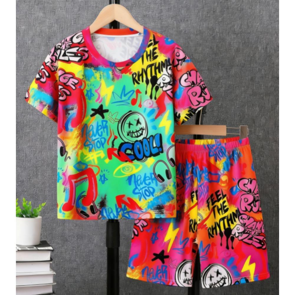 Letter Graffiti Printed Kids T-shirt and Shorts 2 Piece Set Summer Casual Outfit for Boys and Girls Kids Clothing