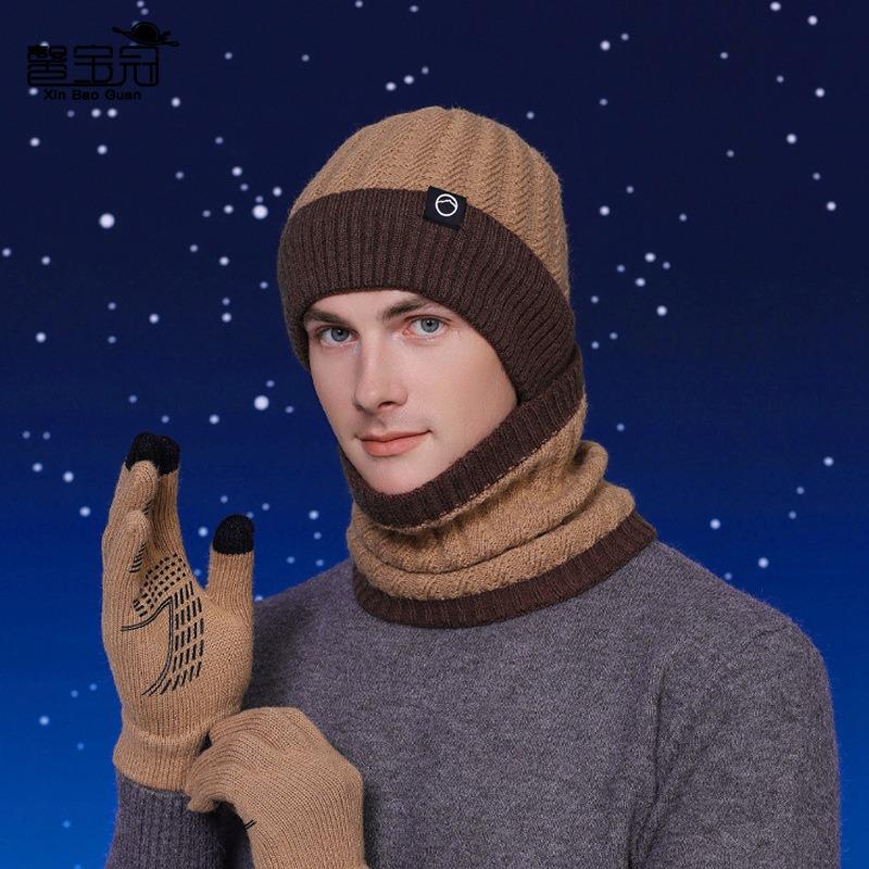 Winter Hat Gloves Scarf Set Men's Knitted Pullover Hat Fleece Warm Ear Protector Wool Hat