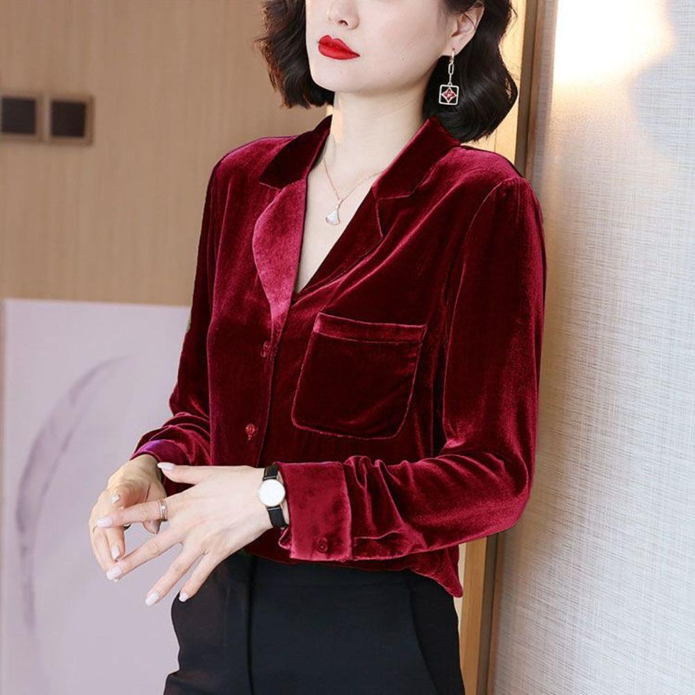 Spring Autumn Velvet Elegant Fashion Solid Shirt Ladies Polo-neck Long Sleeve Buttons Vintage Top Women Loose Casual Blouse