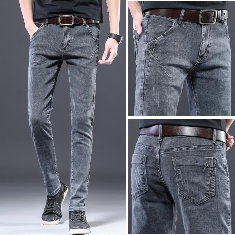 Herbst Winter Fleecegefütterte Jeans für Herren Slim Fit Skinny Grau Lange Hosen Koreanischer Stil Trendy Jugendlich Stretch Freizeithosen