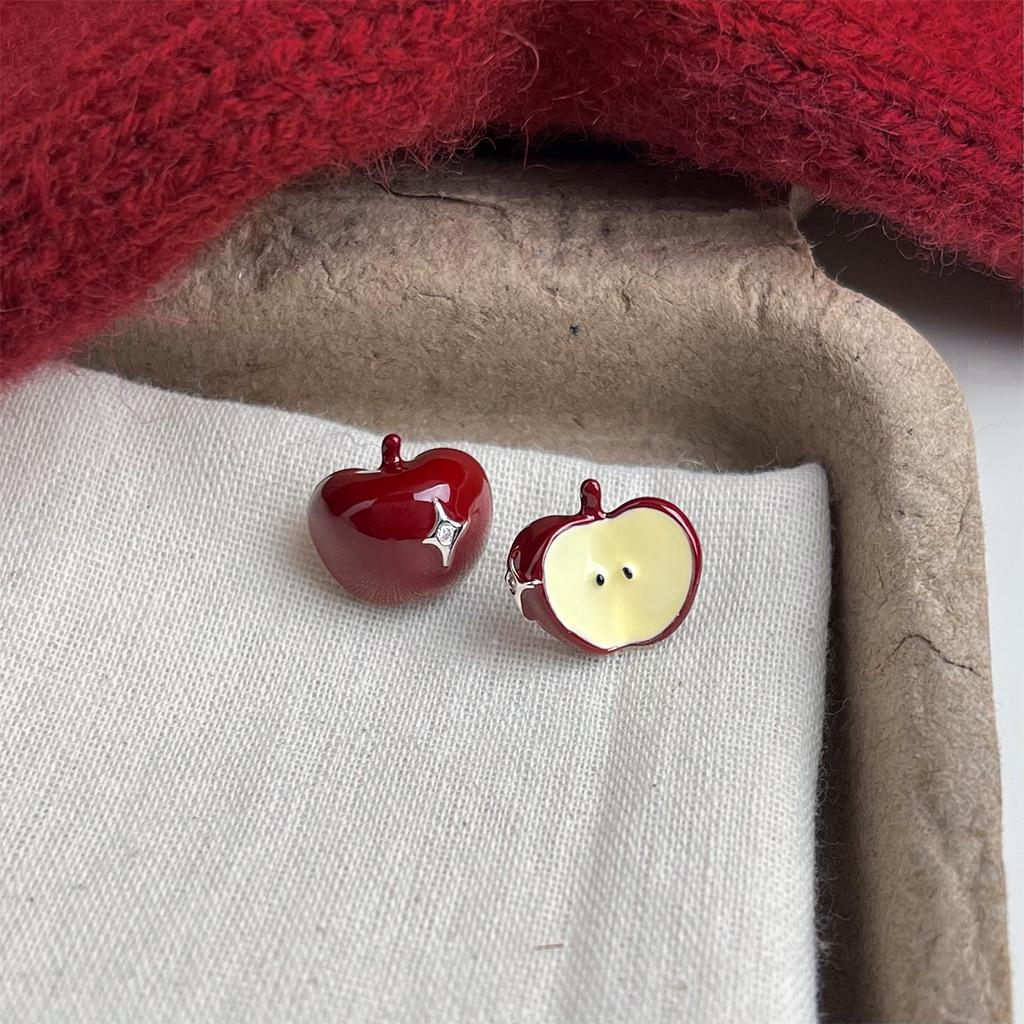 Ankela Red Fireworks Court-Style Love Heart Zirconia Stud Earrings - Wine Red Drip Glaze, Niche Luxury