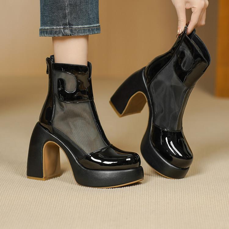 Small super high heel waterproof mesh cool boots women's 2025 summer new patent leather thick heel thick bottom breathable mesh boots