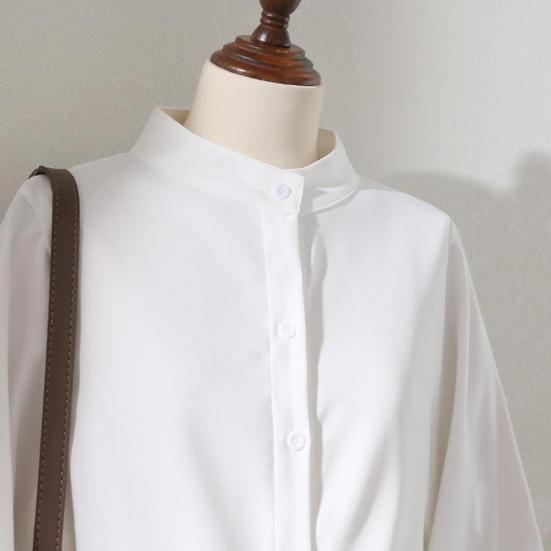 Women Spring Fall Shirt Stand Collar Loose Solid Color Long Lantern Sleeve Formal Business Style Single-breasted Cardigan Lady Commute Blouse