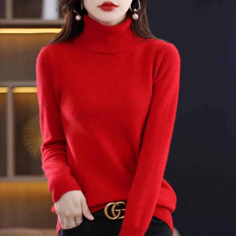 Turtleneck Cashmere Sweater for Women's Spring Autumn and Winter Casual Long-sleeved Pullover Solid-color Knitted Sweater and Slim Lapel Top