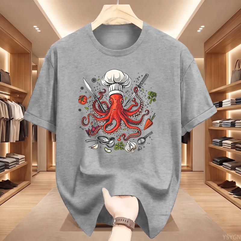 Octopus Chef Tshirt Funny Octopus Cooking T Shirt Unisex Unisex Funny Chef Tshirt Sushi Cotton Short Sleeve Round Neck Tshirts