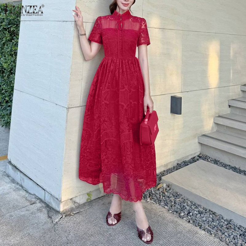ZANZEA Women Elegant Hollow Lace Patchwork Casual Short Sleeve Dress