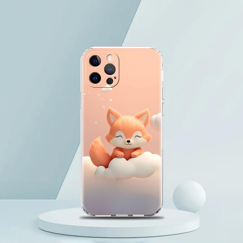 Мягкий прозрачный чехол-бампер из ТПУ для iPhone 16 15 14 13 12 11 Pro Max 16E 8 7 Plus XS Max Ударопрочный корпус Милое животное Лиса iPhone 15Pro Max beige