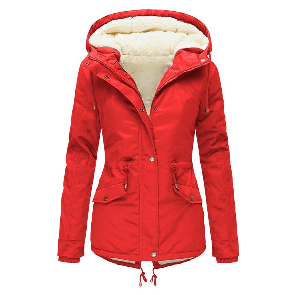 2025 Winter Women's Solid Color Hooded Parka Coat Thick Fleece Lined Cotton Jacket Outerwear