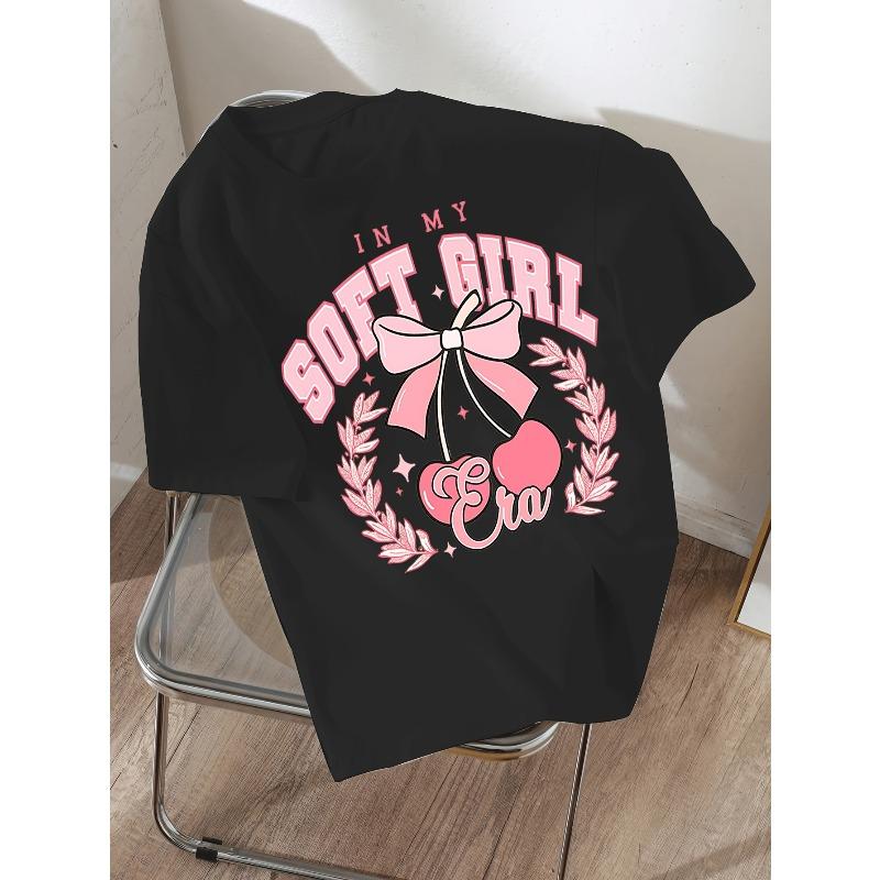 Girls Crewneck Short Sleeve Tee, Stylish Simple Cherry & Bowknot Print Soft Comfortable Summer Casual Top