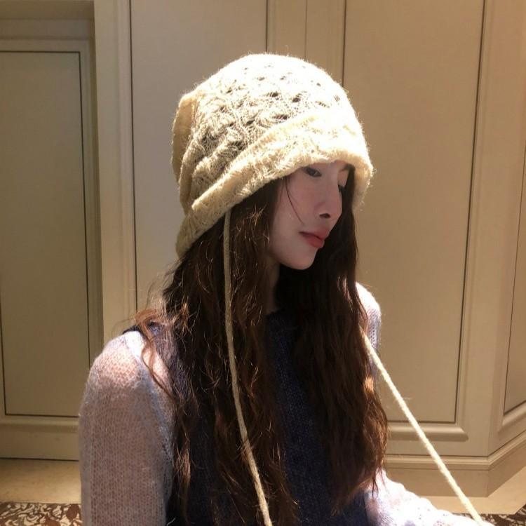 Korean Style Hollow Knitted Woolen Hat for Women Thin Breathable Versatile Face Showing  Trendy Small Pile Hat