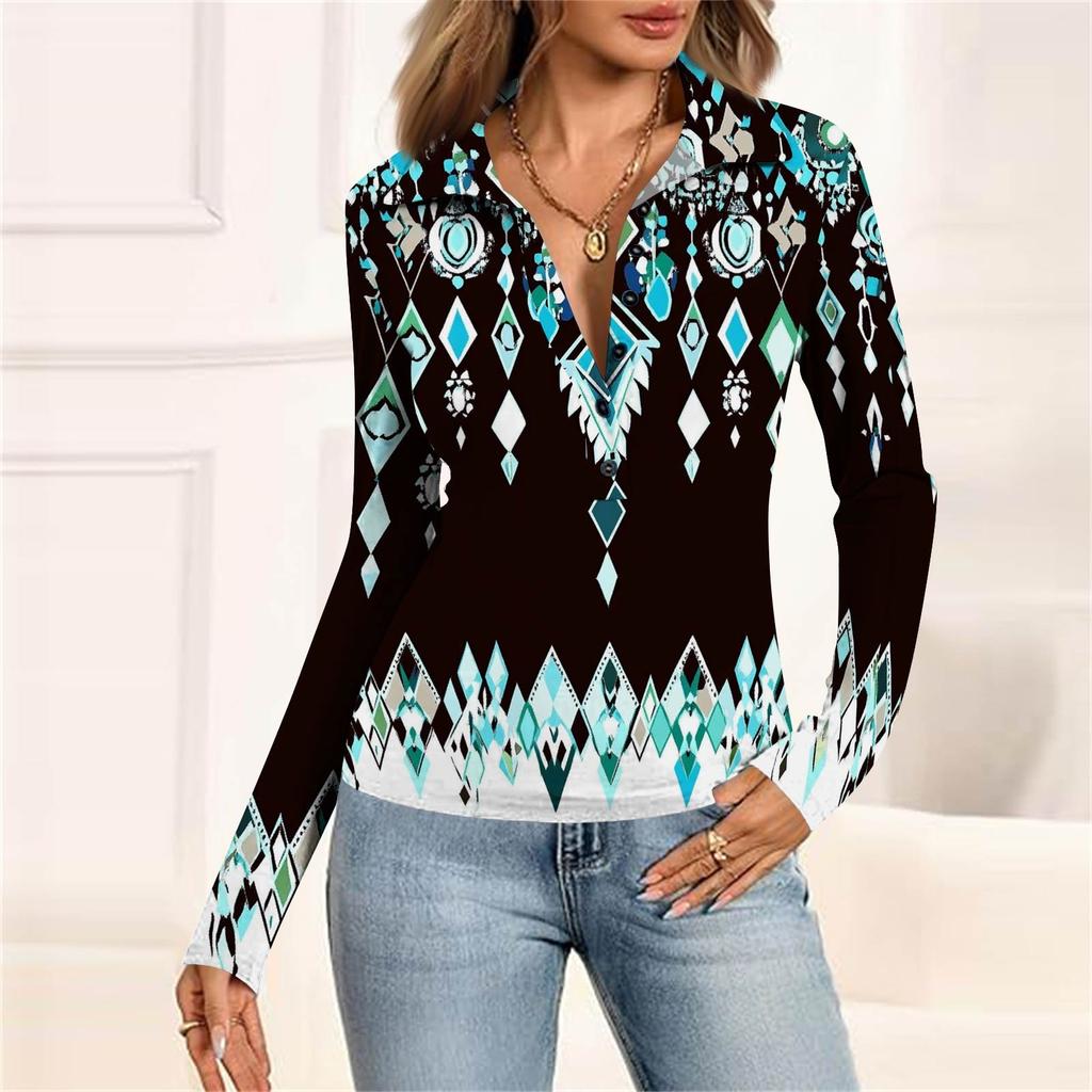 Damenmode Lässig Bedrucktes V-Ausschnitt Langarm Knopfleiste Oberteil