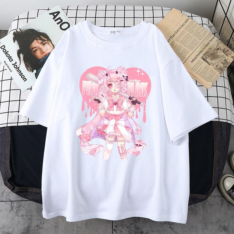 Women T-Shirt Cartoon Sweet Girls Oversized T Shirt Japanese Streetwear Harajuku Gothic Kawaii Casual Tops Short Sleeve Tshirt
