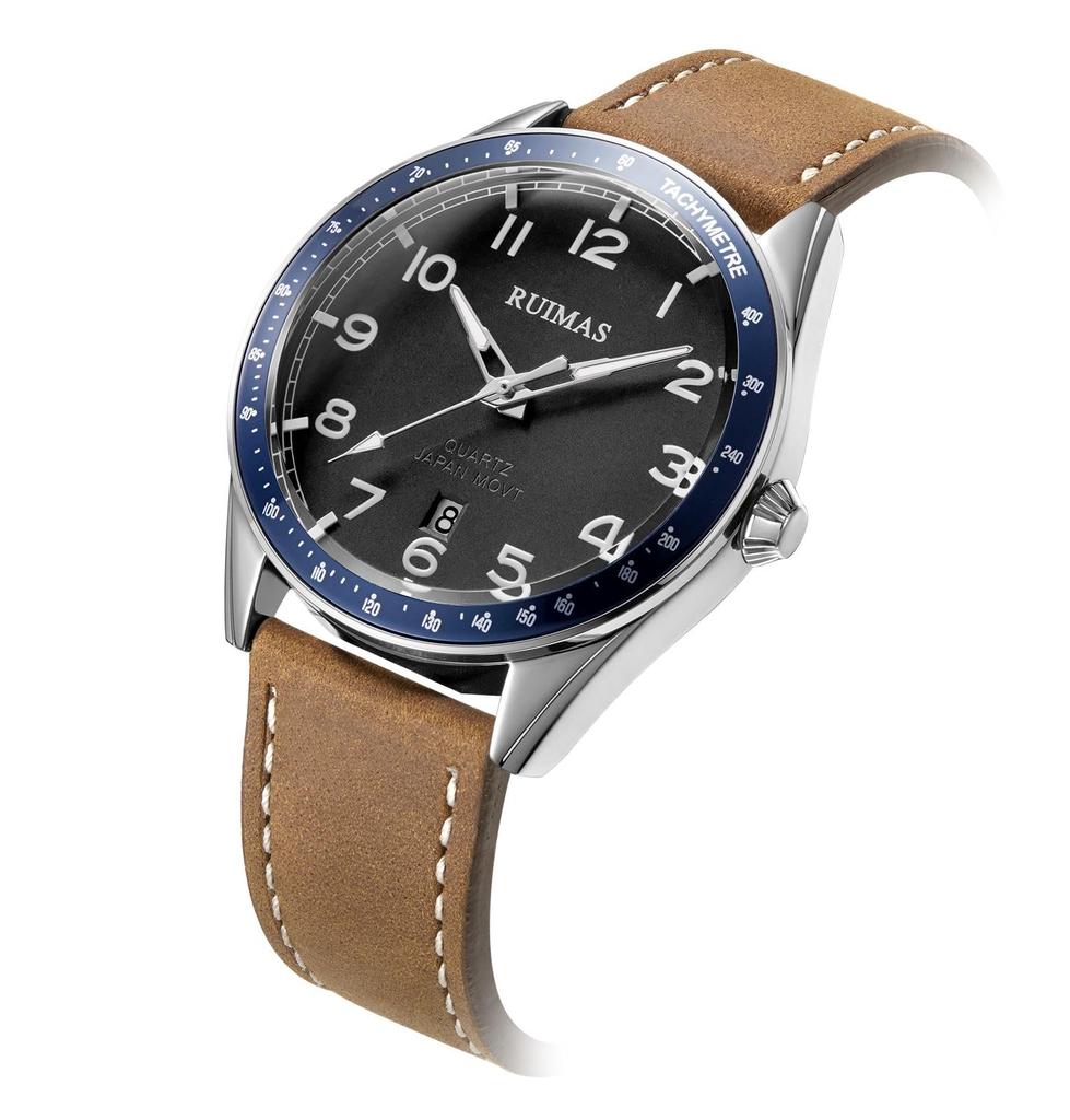 Montres RUIMAS Montre à Quartz Tendance Bracelet en Cuir Kaki Mâle Argent Noir Montre Étanche Homme