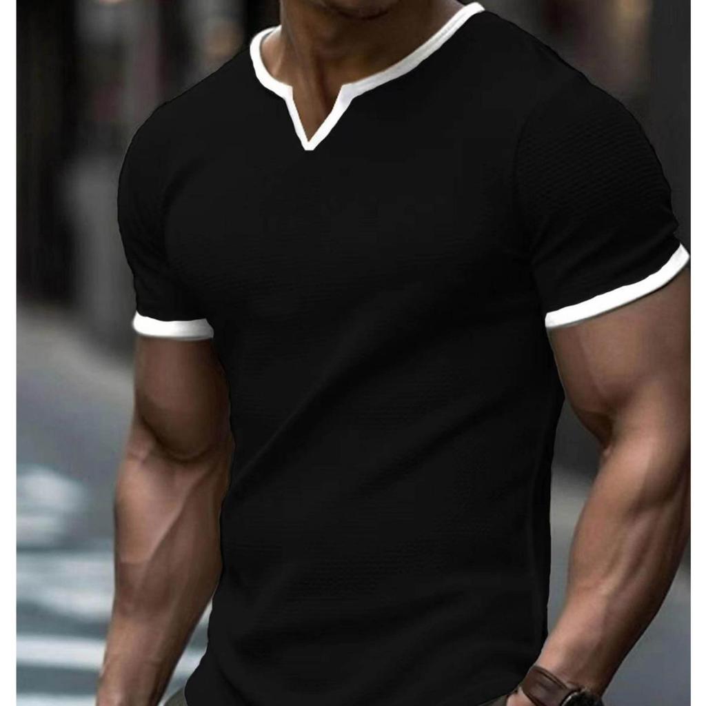 2024 Trendy Herren-T-Shirt mit lockerer Passform und kariertem V-Ausschnitt und kurzen Ärmeln