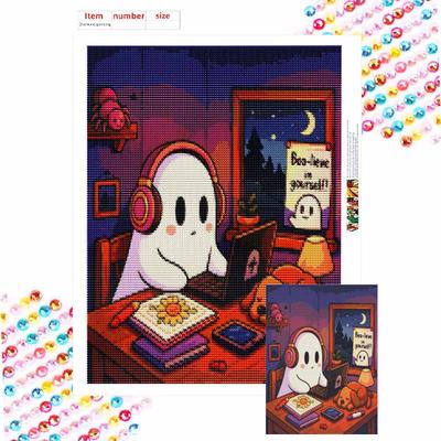 Cute Ghost Gaming Laptop Halloween 5D Diamond Painting Full Drill Art Kit DIY Craft Wall Decor Embroidery Picture Rhinestone Gift