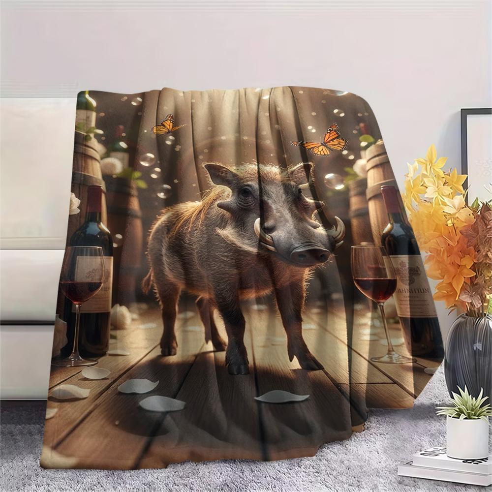 1PC Warthog Print FlAannel Blanket, High quality Comfortable for All Seasons, Home Decor, Warmth and Comfort