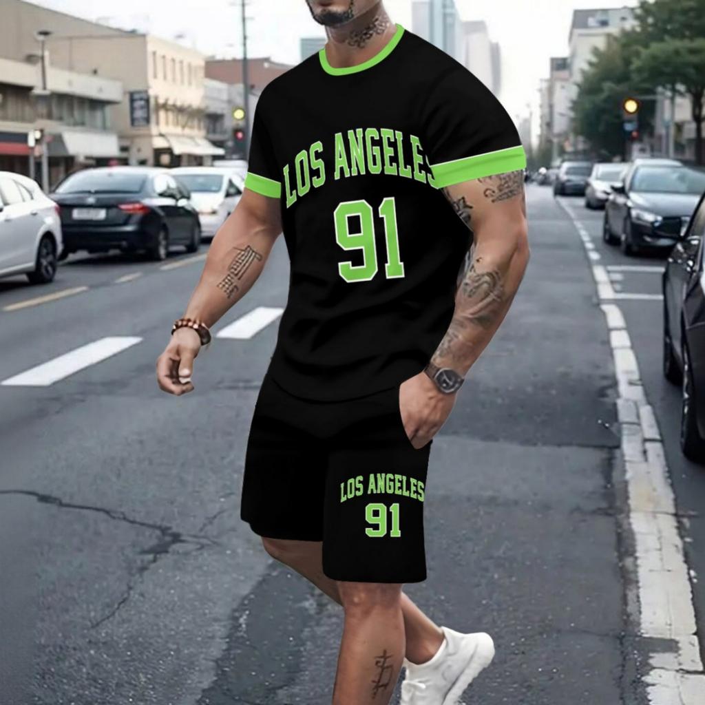 Men's Suit Casual Round-neck Short-sleeved Pullover T-shirt with Print Sporty Casual Pants Set