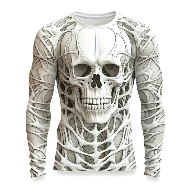 3D printed skull pattern T-shirt men's long sleeved casual fashion T-shirt top sports shirt breathable street loose T-shirt