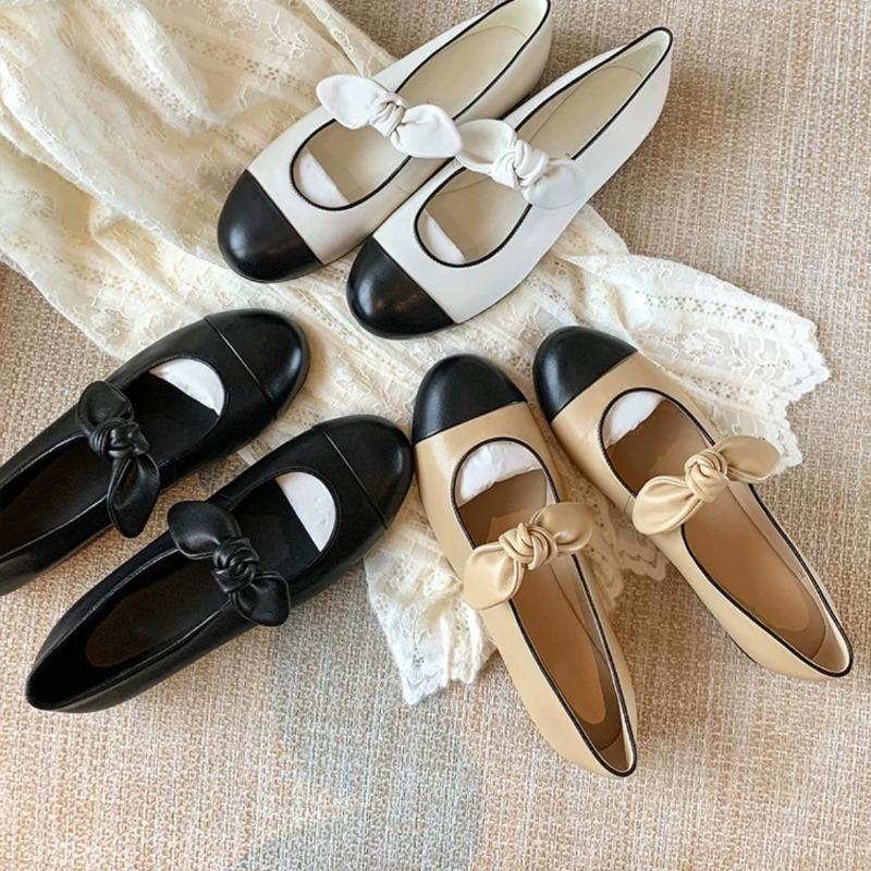 Spring new cowhide version princess single shoes~ round head bow flat ballet single shoes female horse