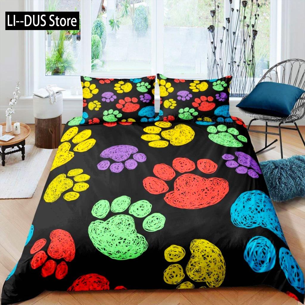Footprint Duvet Cover Set Kids Watercolor Bedding Set Animal Footprints Colorful Puppy Paws Multicolor Graffiti Art Quilt Cover