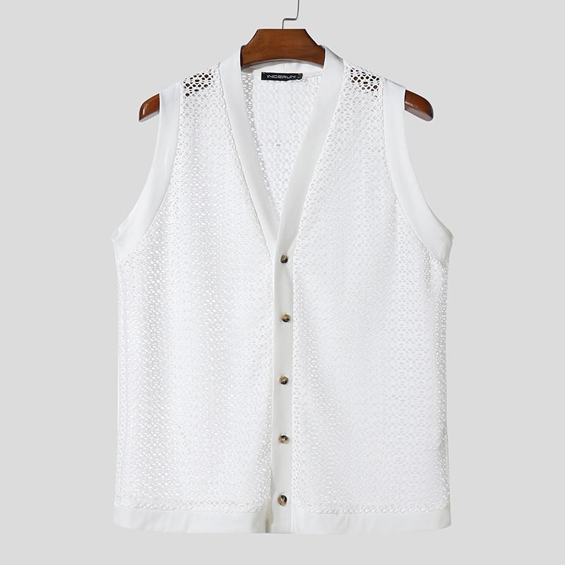 INCERUN Men Sleeveless Buttons Up Hollow Out Casual Tank Tops