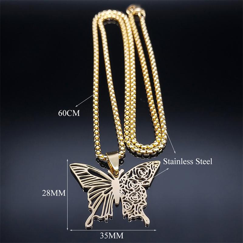 Aesthetic Butterfly Rose Flower Pendant Necklace Stainless Steel Gold Color Hollow Flying Wing Chain Jewelry Colgantes N6121S01