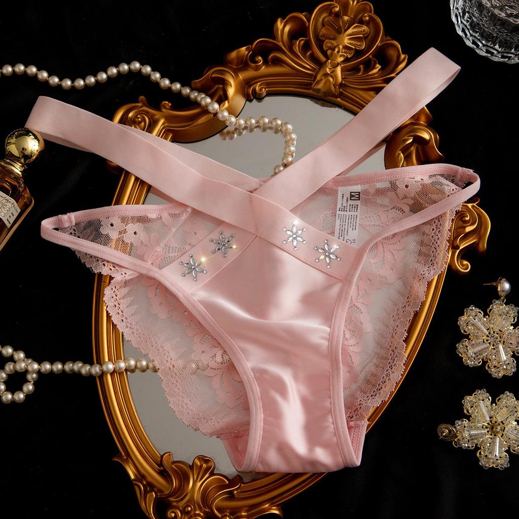 Diamond Decoration Bow Mid Waist Panties Lace Sexy Breathable High Elasticity Women’s Panties