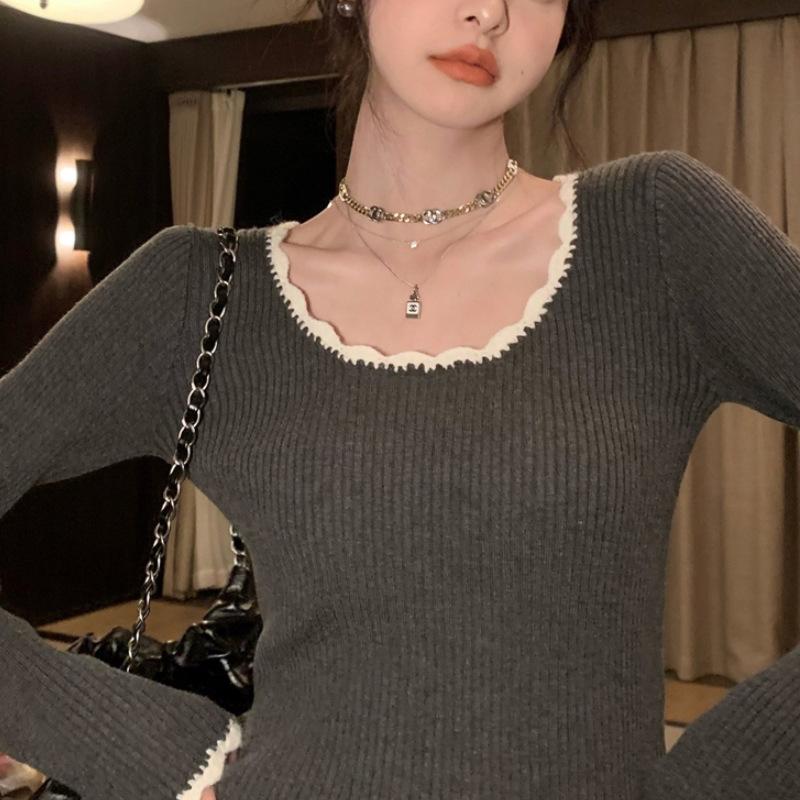 Round Neck Retro Temperament Contrasting Color Slim Fit Base Top Knitted Pullover Sweater