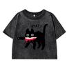 Surprised Black Catprinting Female Washed Short Tshirt Breathable Summer T Shirt Fashion Top Midriff-Baring Tshirts Women