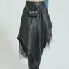 Vintage Dark PU Leather High-Waist A-Line Mesh Skirt